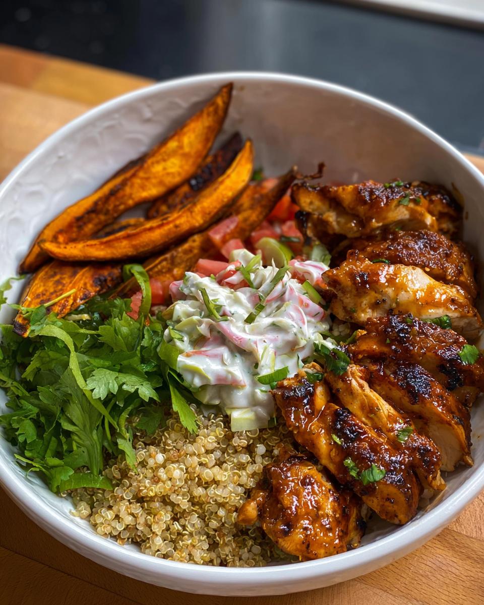 A vibrant Hot Honey Chicken Bowl featuring sliced chicken, sweet potato wedges, quinoa, and a fresh slaw.