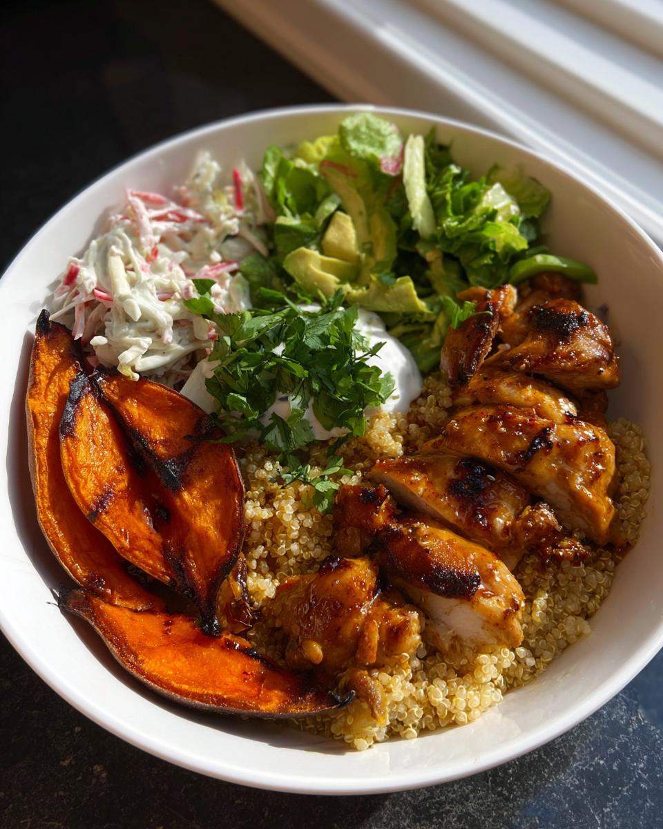 A delicious Hot Honey Chicken Bowl featuring glazed chicken, roasted sweet potato wedges, quinoa, coleslaw, avocado, and a dollop of yogurt.