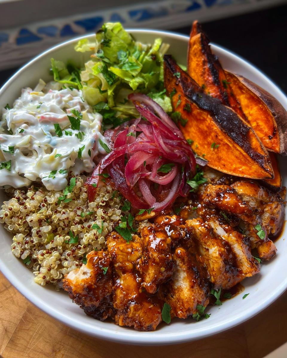 A vibrant Hot Honey Chicken Bowl featuring glazed chicken, quinoa, sweet potato wedges, coleslaw, and pickled red onions.