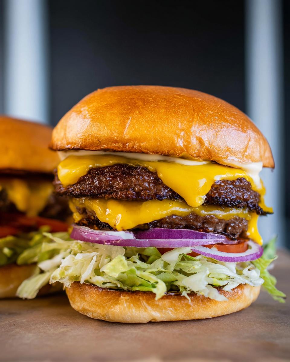 Close-up of an irresistible smash burger with double patties, melted cheese, lettuce, tomato, and red onion.