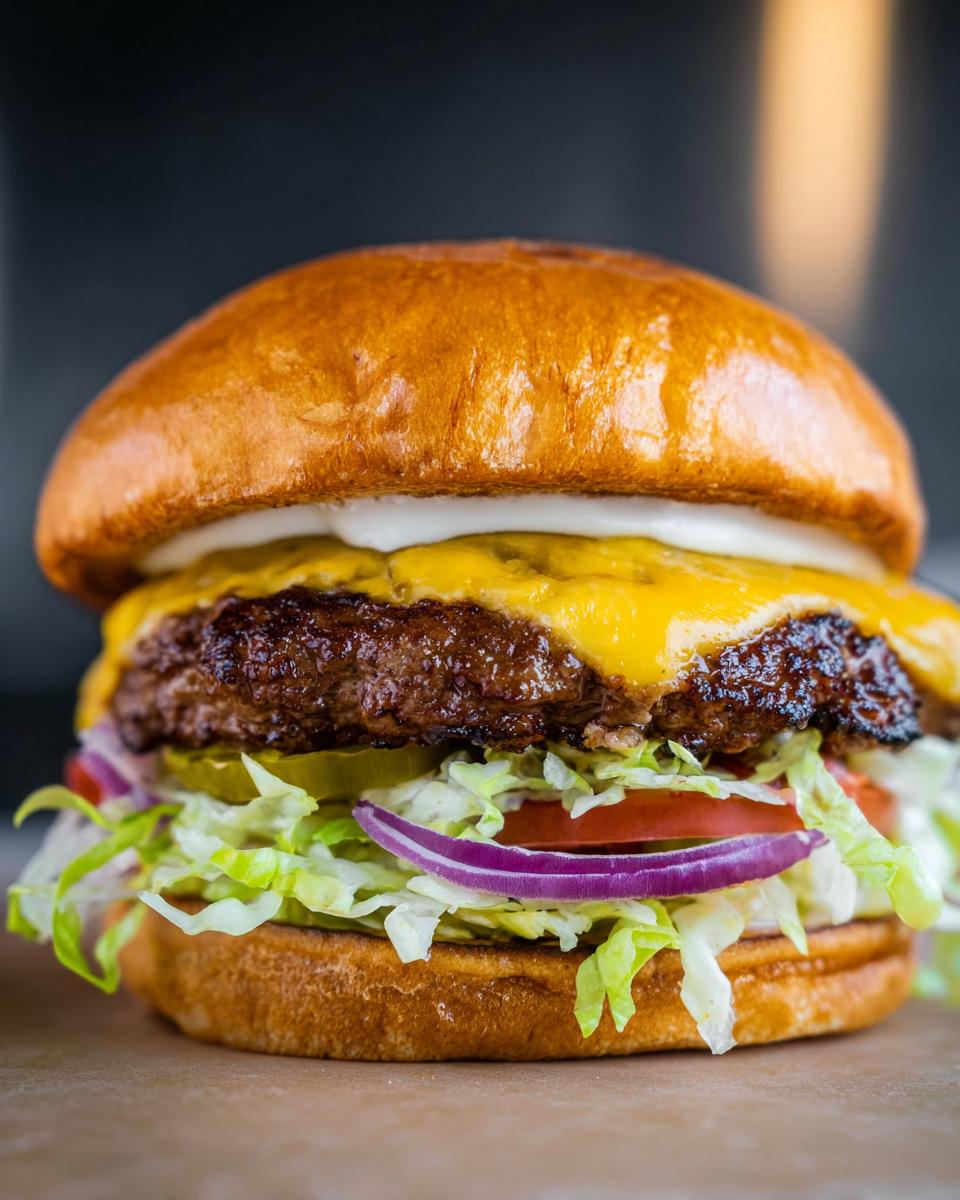 A close-up of an irresistible smash burger with melted cheese, fresh lettuce, tomato, onion, and pickles.