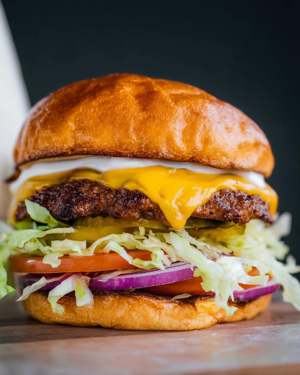 Close-up of an irresistible smash burger with melted cheese, fresh lettuce, tomato, onion, and pickles.