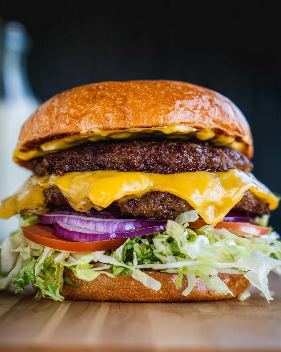 A close-up of an Irresistible Smash Burger with two beef patties, melted cheese, lettuce, tomato, and red onion.
