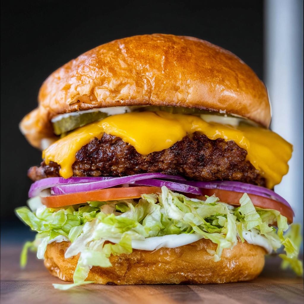 Close-up of an irresistible smash burger with melted cheese, fresh lettuce, tomato, onion, and pickles.