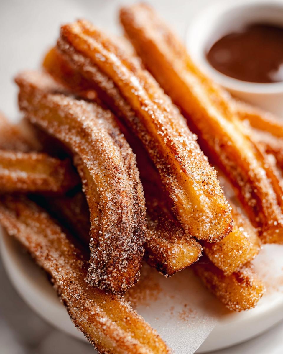 A close-up of golden-brown, sugar-coated churros, ready to be dipped in chocolate, for Irresistible Spanish Churro Pancakes.
