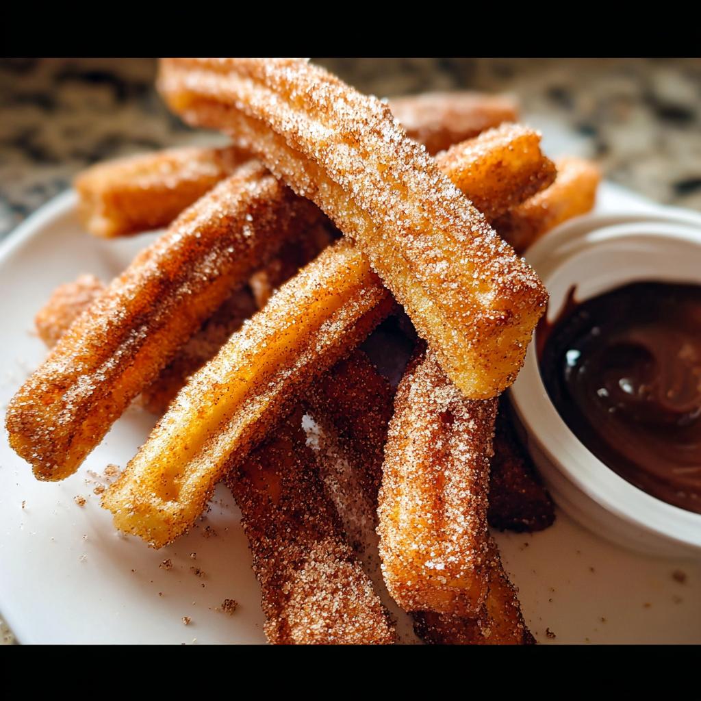 A pile of golden brown, sugar-cinnamon coated churro pancakes served with a side of rich chocolate dipping sauce.