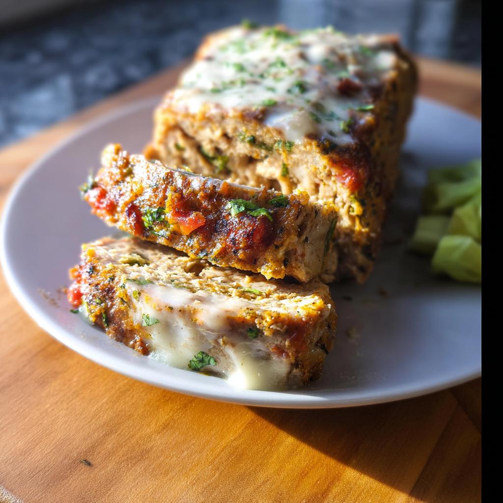 A close-up of a slice of Juicy Garlic Parmesan Chicken Meatloaf, with melted cheese oozing out.