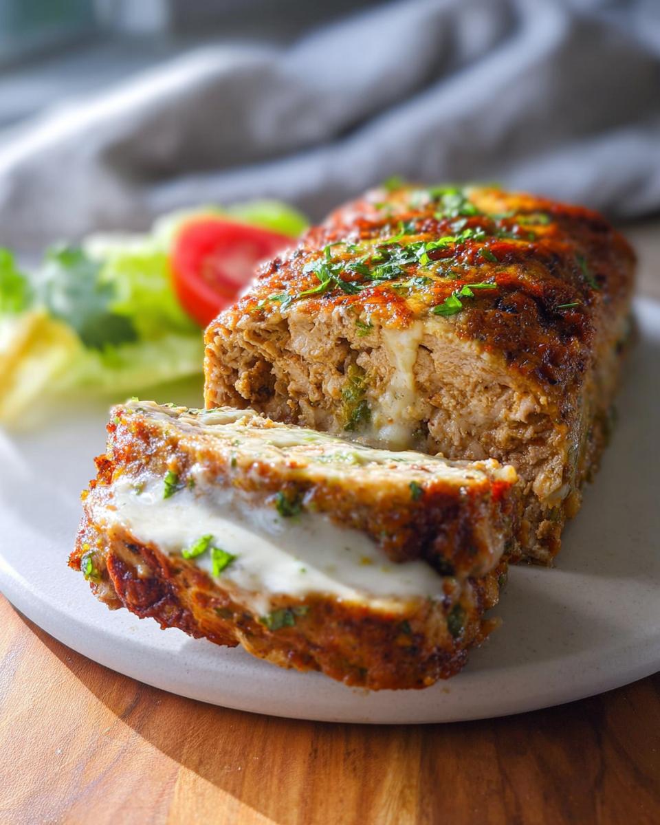 A slice of Juicy Garlic Parmesan Chicken Meatloaf, revealing melted cheese inside and topped with herbs.