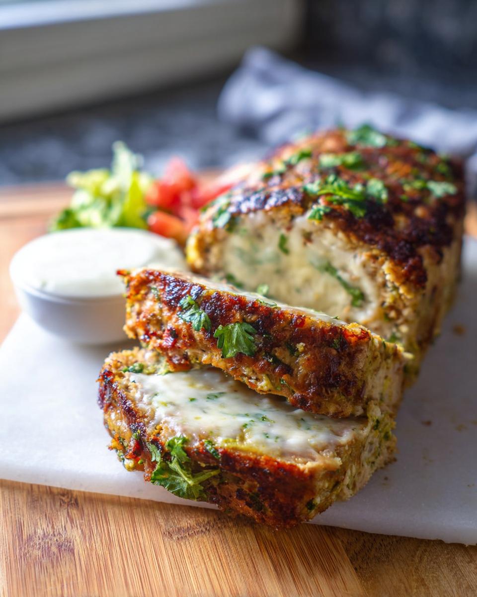 A slice of Juicy Garlic Parmesan Chicken Meatloaf, revealing melted cheese and fresh parsley.