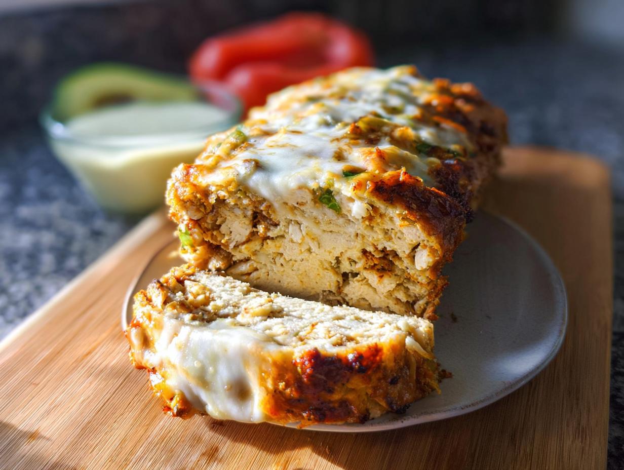 A slice of juicy garlic parmesan chicken meatloaf topped with melted cheese, served on a plate.
