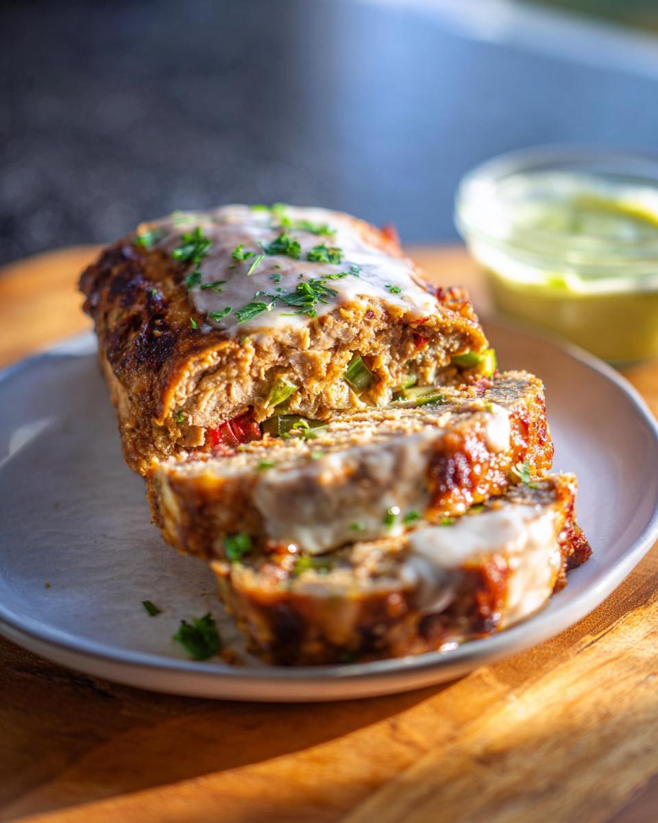 Close-up of sliced Juicy Garlic Parmesan Chicken Meatloaf drizzled with sauce and garnished with parsley.