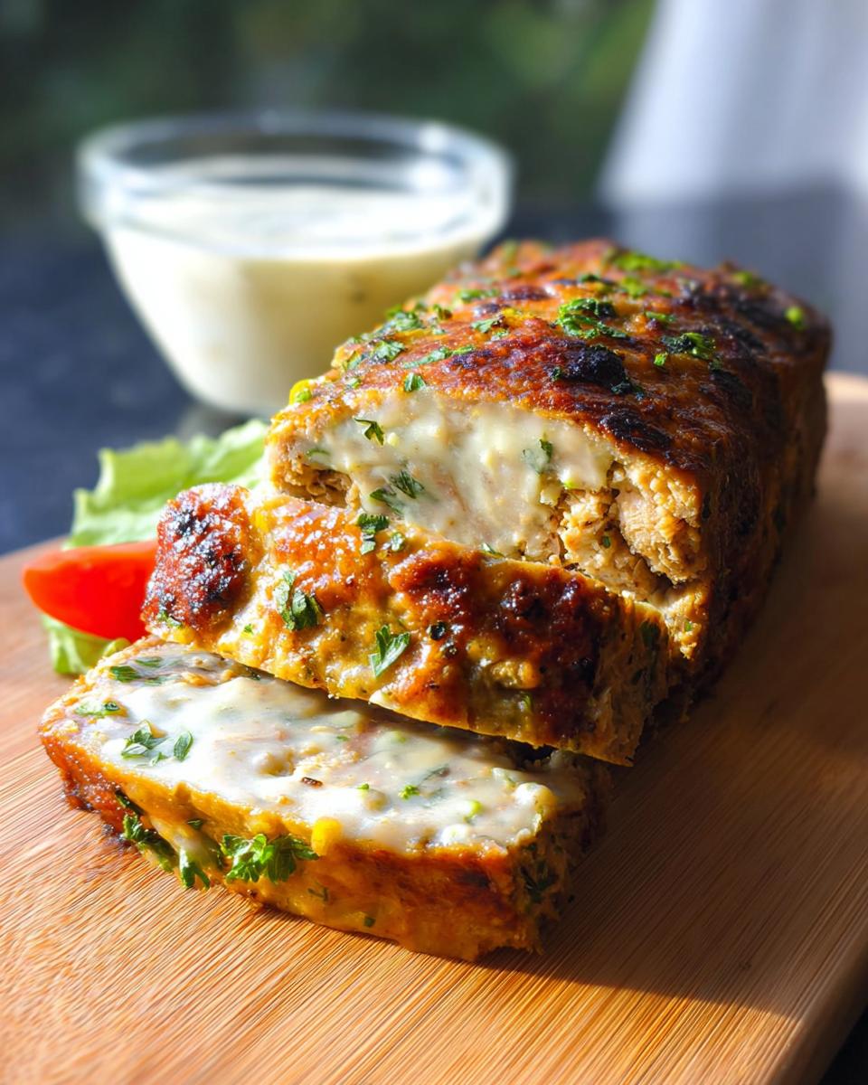 A close-up of a Juicy Garlic Parmesan Chicken Meatloaf, sliced and drizzled with sauce, garnished with parsley.