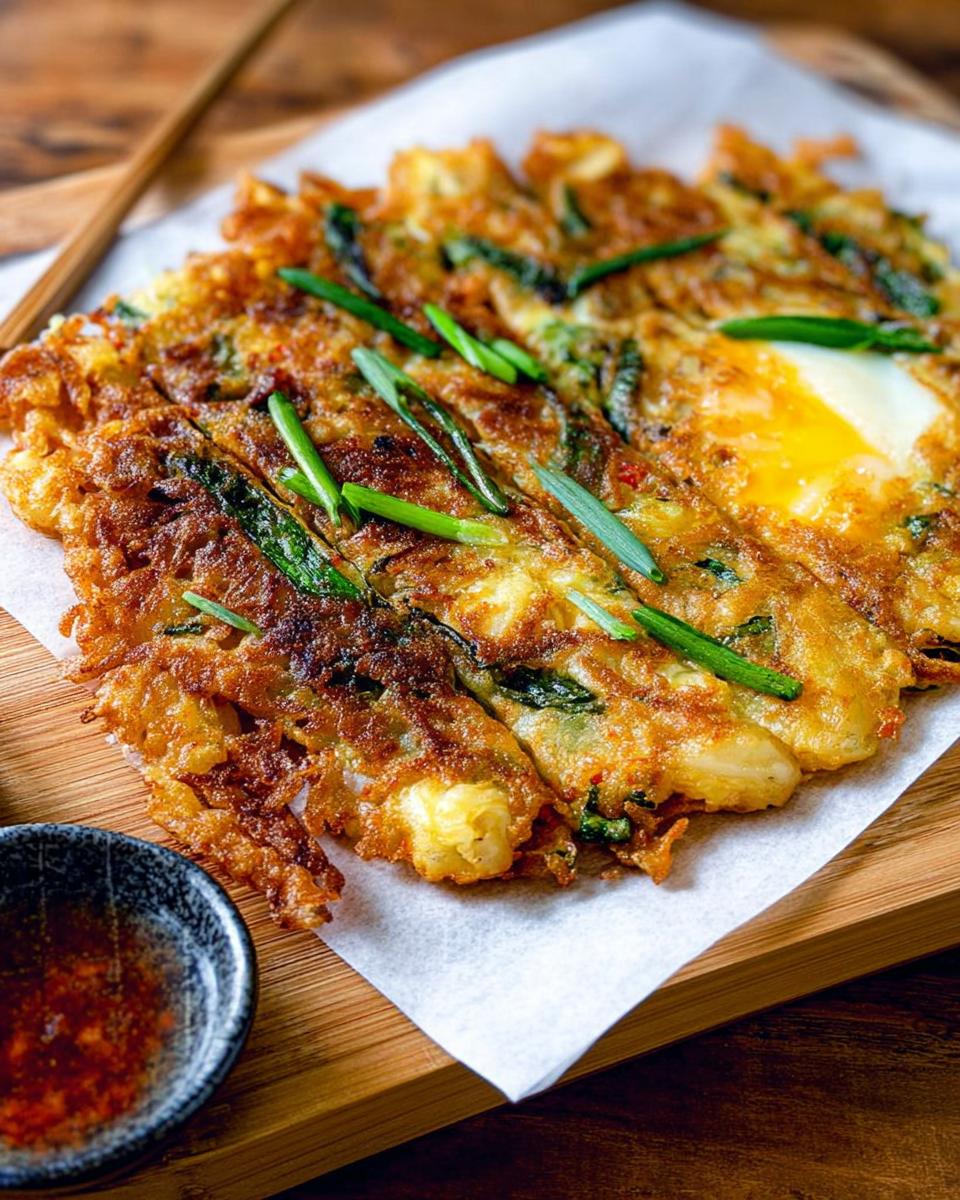 A close-up of a golden-brown Korean Pancake (Pajeon) with visible scallions and a runny egg yolk.