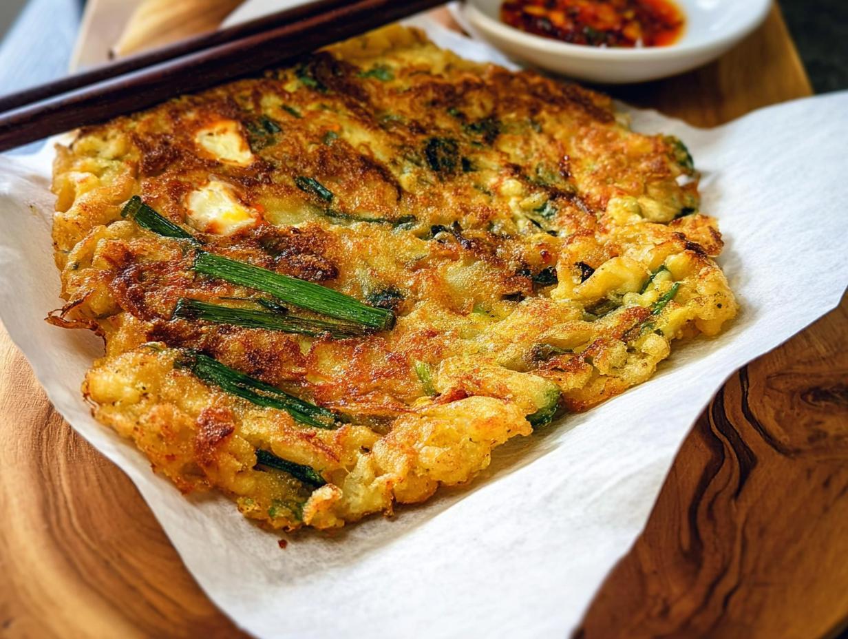 A freshly cooked, golden-brown Korean pancake (Pajeon) with visible green onions and a side of dipping sauce.