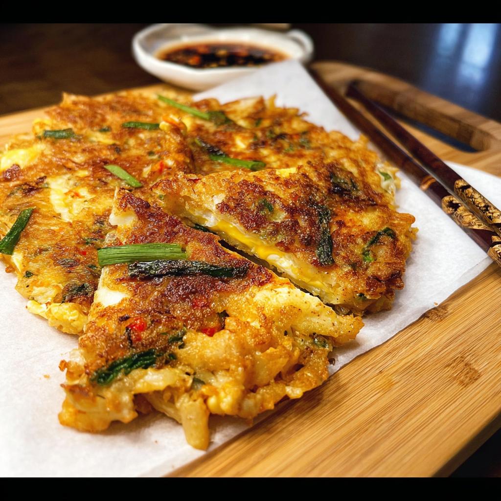 A close-up of golden-brown Korean Pancakes (Pajeon) sliced, revealing a fluffy interior with scallions and chili flakes.