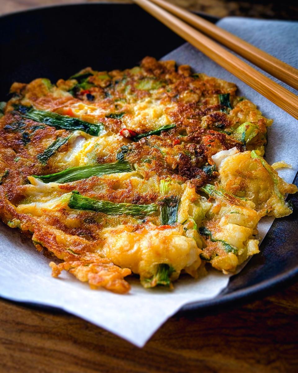 Close-up of a freshly made Korean Pancake (Pajeon) with visible scallions and a golden-brown crispy exterior.