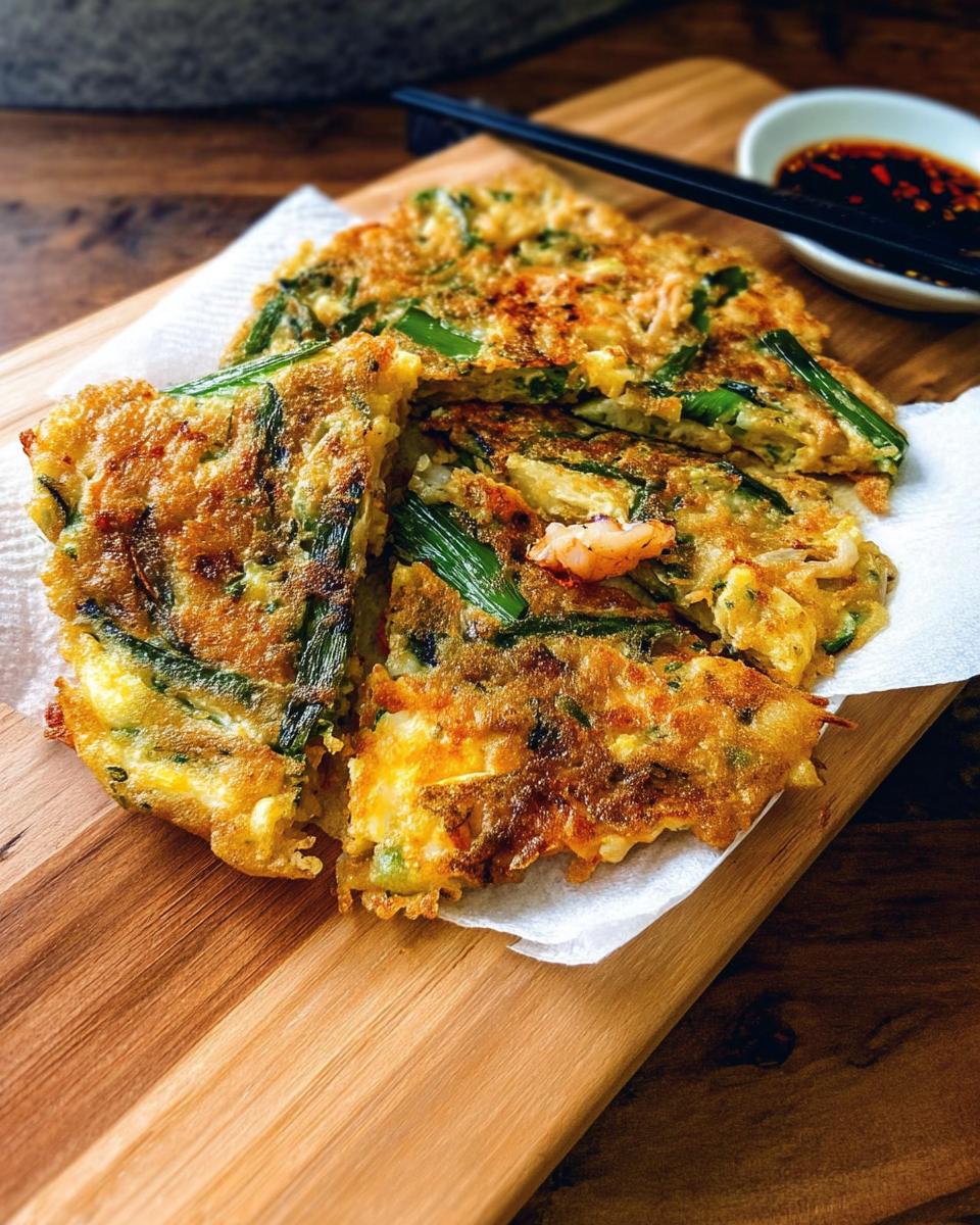 A close-up of golden-brown Korean Pancakes (Pajeon) filled with scallions and some shrimp, served on a wooden board.