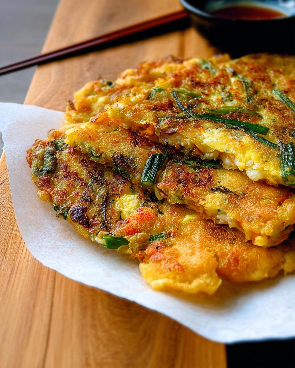 A close-up of a stack of golden-brown Korean Pancakes (Pajeon) with visible green onions and seafood.