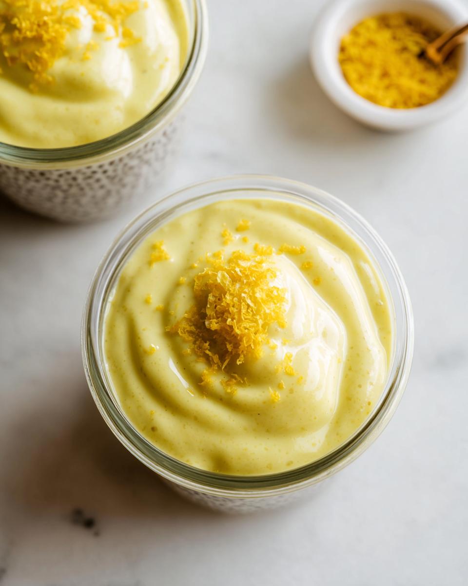 Close-up of a glass jar filled with Lemon Cream Chia Pudding, topped with fresh lemon zest.
