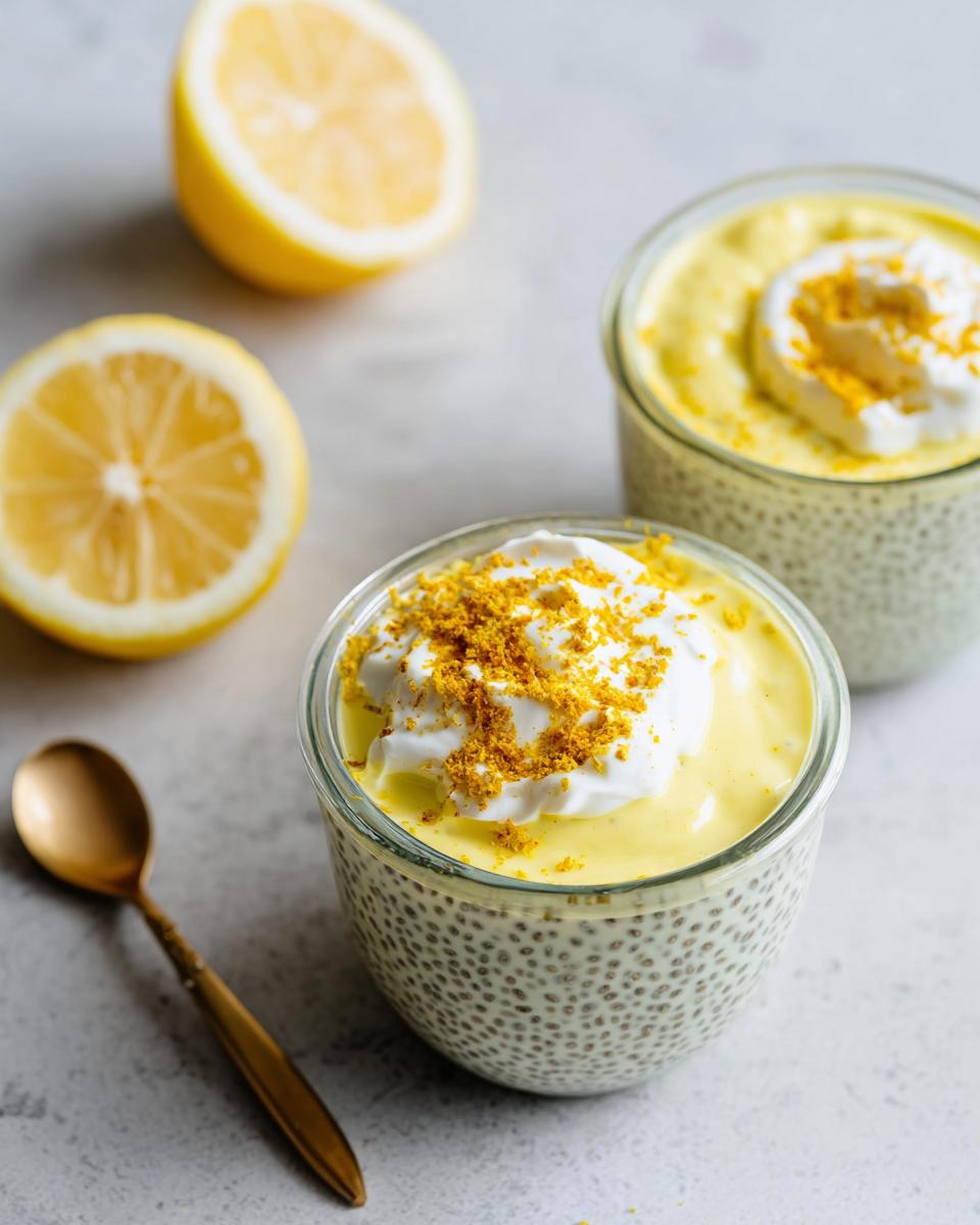 Two glasses of creamy Lemon Cream Chia Pudding topped with whipped cream and lemon zest, with fresh lemons in the background.