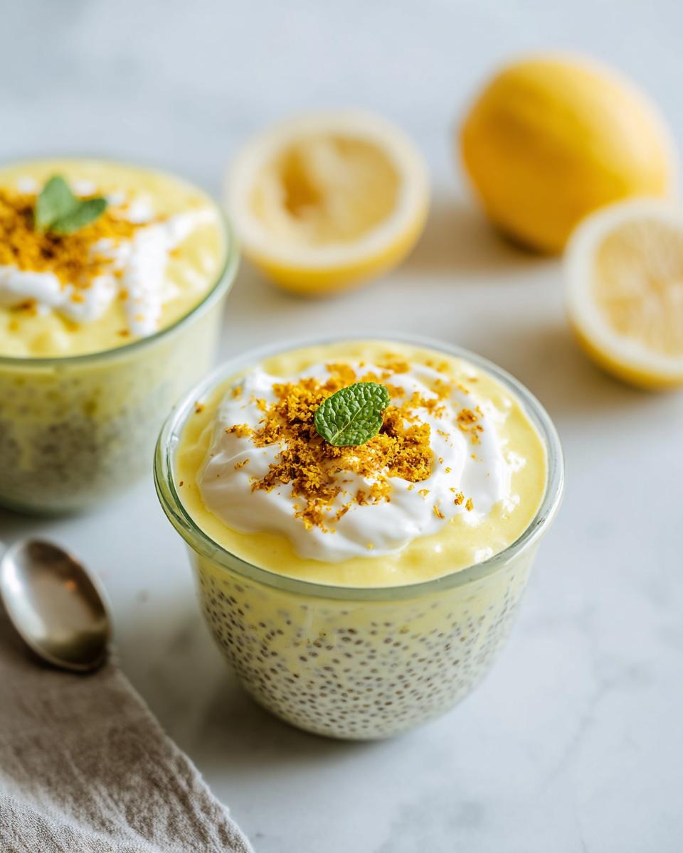 Close-up of a glass of Lemon Cream Chia Pudding topped with whipped cream, mint, and lemon zest.