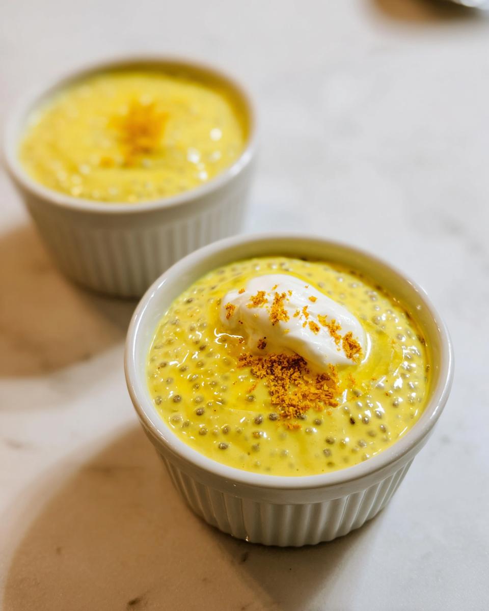 Two ramekins of bright yellow Lemon Cream Chia Pudding, one topped with a dollop of cream and citrus zest.