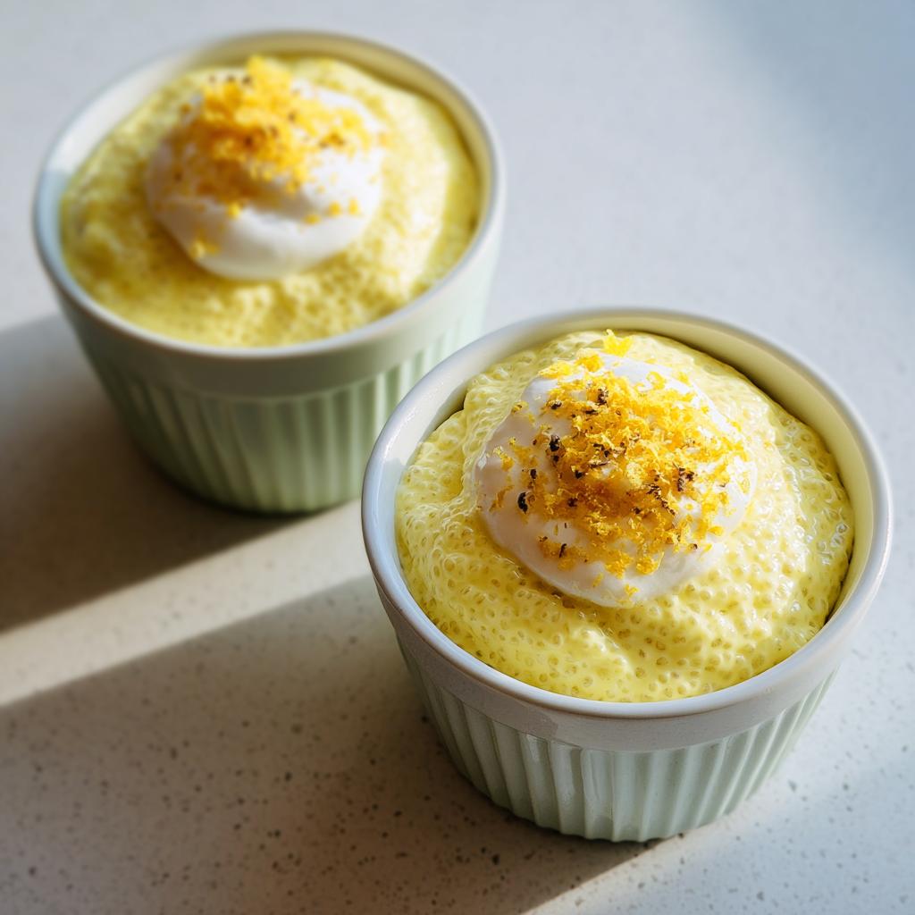 Two servings of creamy yellow Lemon Cream Chia Pudding topped with whipped cream and lemon zest.