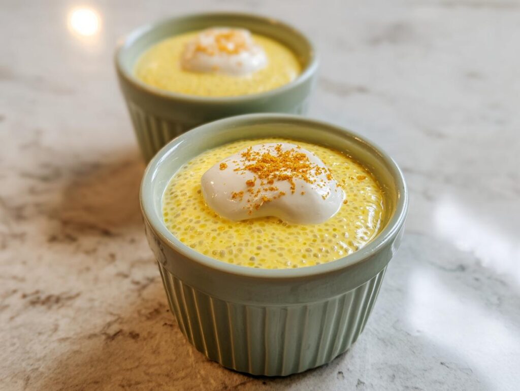 Two servings of bright yellow Lemon Cream Chia Pudding topped with whipped cream and a sprinkle of zest.