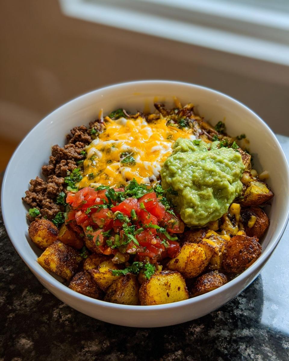 A delicious Loaded Potato Taco Bowl filled with seasoned potatoes, ground beef, melted cheese, pico de gallo, and guacamole.