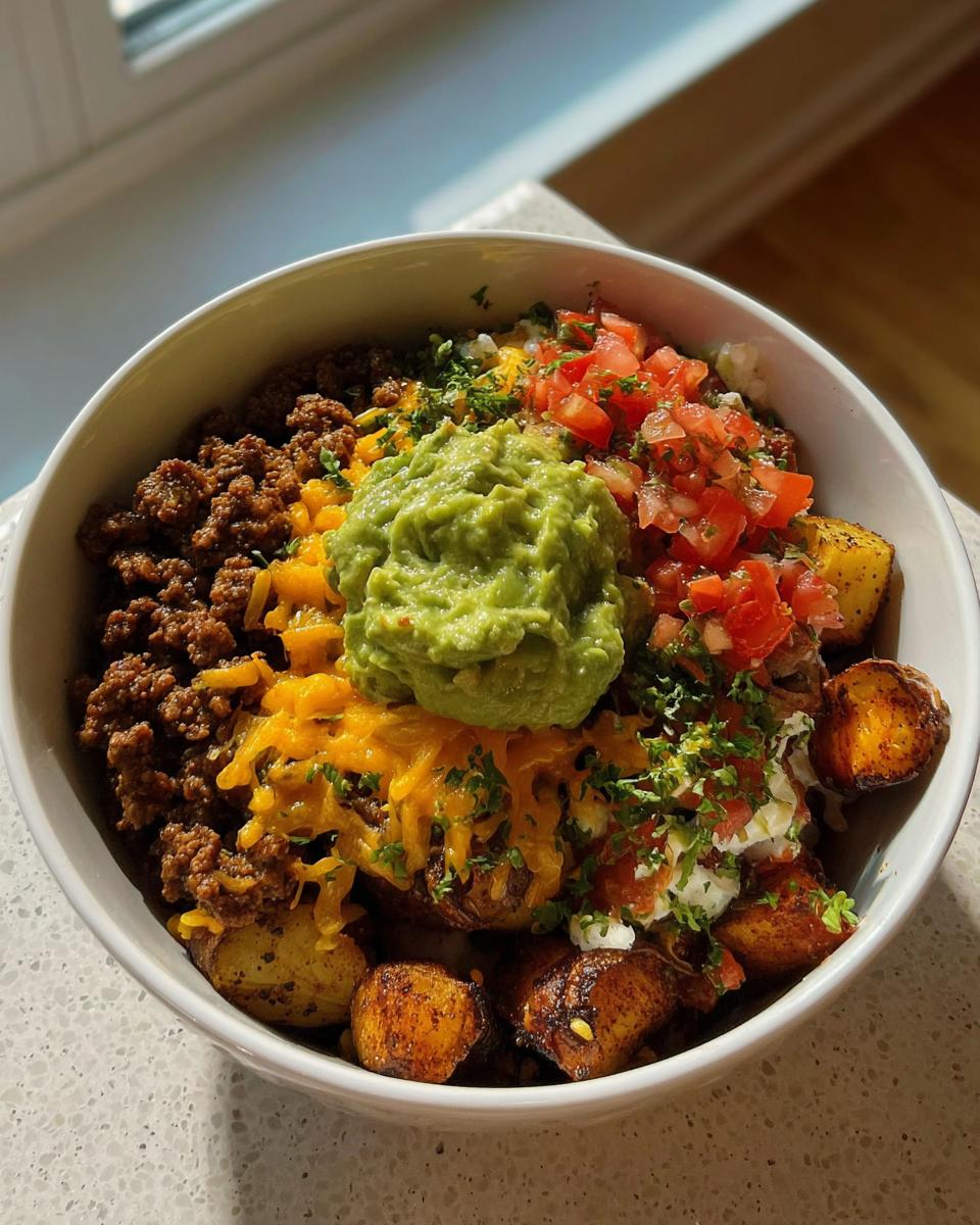 A delicious Loaded Potato Taco Bowl filled with seasoned ground beef, shredded cheese, guacamole, pico de gallo, and roasted potatoes.