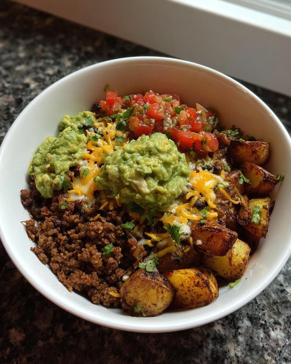 A delicious Loaded Potato Taco Bowl filled with seasoned ground meat, roasted potatoes, guacamole, pico de gallo, and shredded cheese.