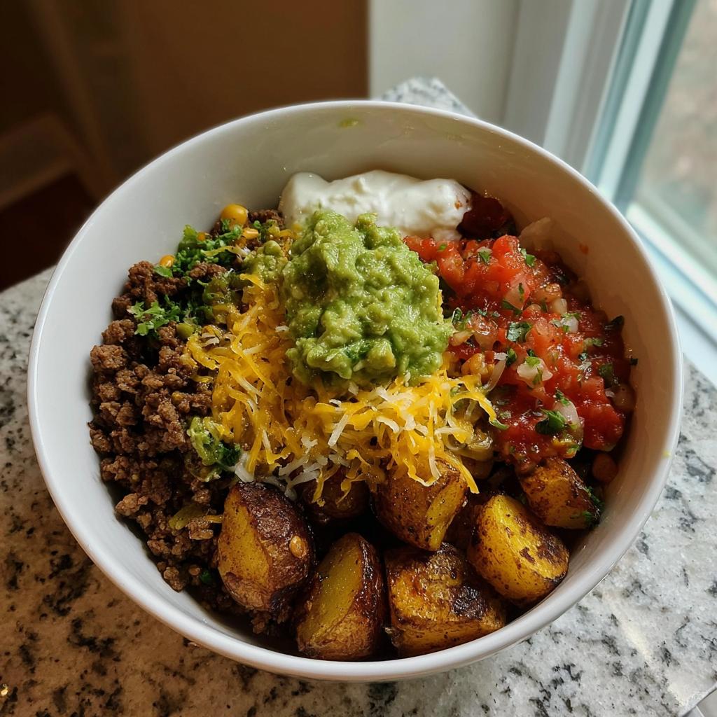 A delicious Loaded Potato Taco Bowl filled with seasoned ground beef, roasted potatoes, shredded cheese, guacamole, salsa, and sour cream.
