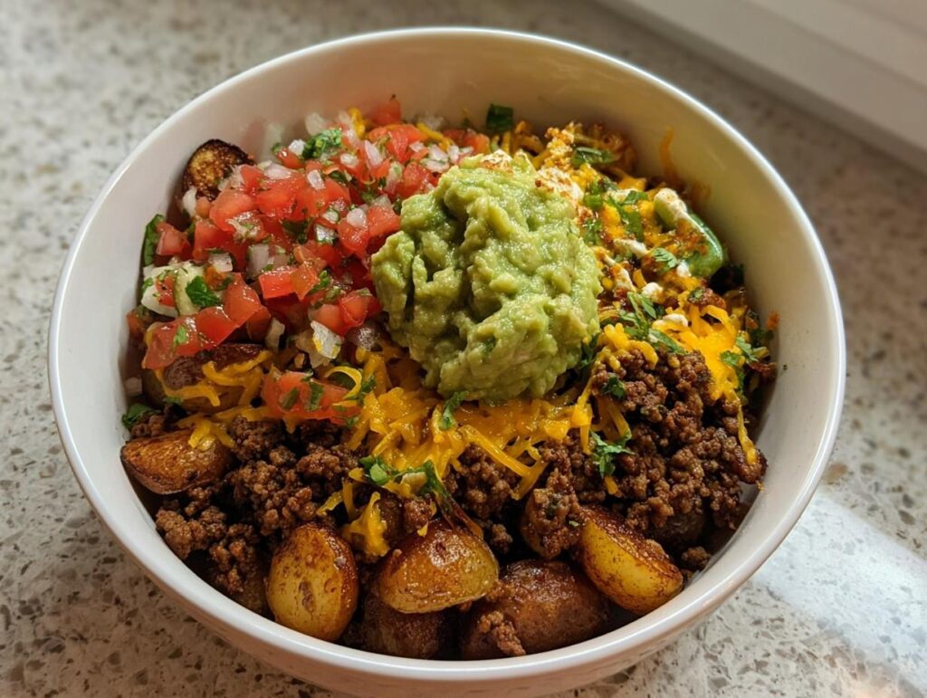 A vibrant Loaded Potato Taco Bowl featuring seasoned ground beef, roasted potatoes, shredded cheese, pico de gallo, and guacamole.