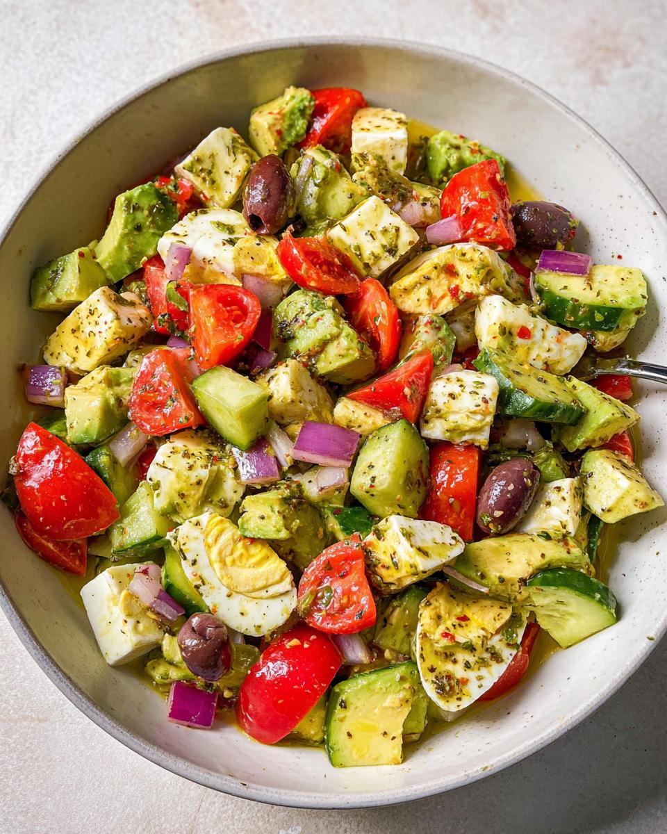 A close-up of Simple & Zesty Mediterranean Avocado Egg Salad with chunks of avocado, tomatoes, cucumbers, olives, feta, and hard-boiled eggs.