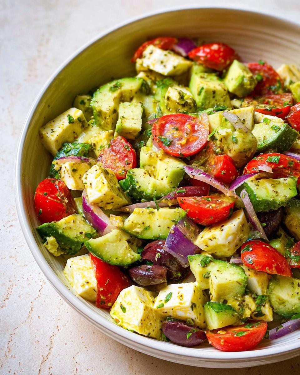 A close-up of Simple & Zesty Mediterranean Avocado Egg Salad with avocado, tomatoes, feta, and olives.