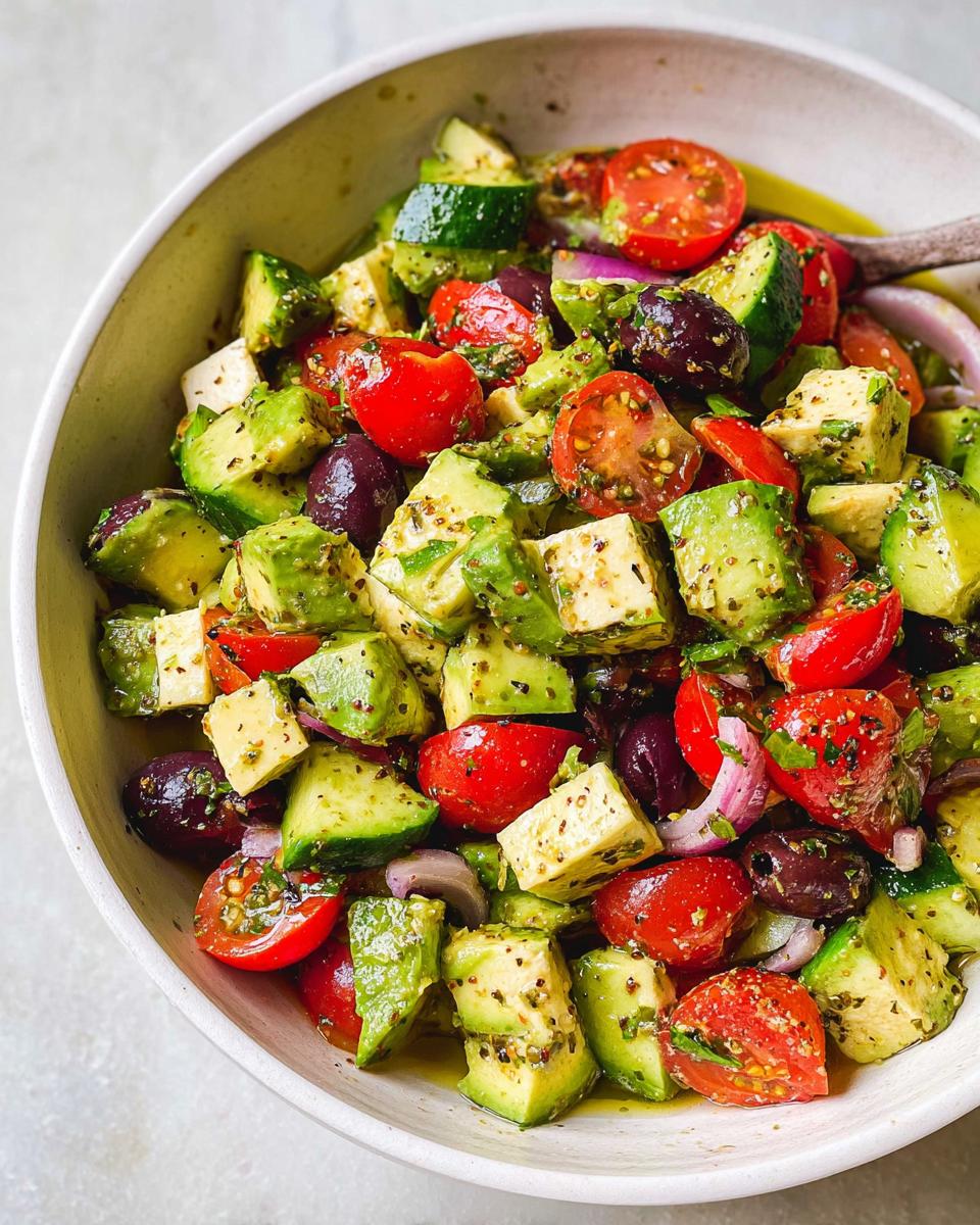A vibrant bowl of Simple & Zesty Mediterranean Avocado Egg Salad with cherry tomatoes, olives, cucumber, and red onion.