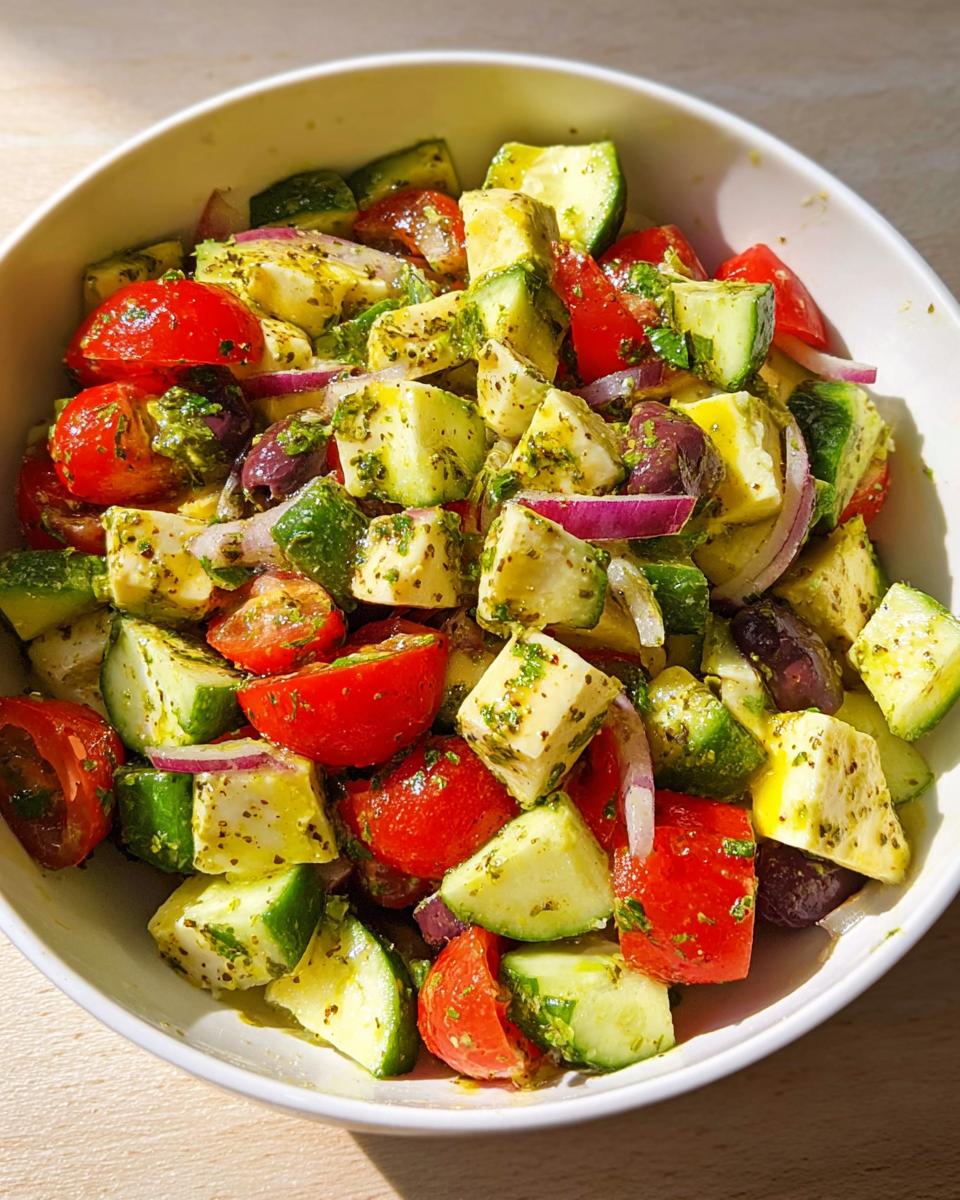 A close-up of Simple & Zesty Mediterranean Avocado Egg Salad with chopped avocado, tomatoes, cucumbers, olives, and red onion.