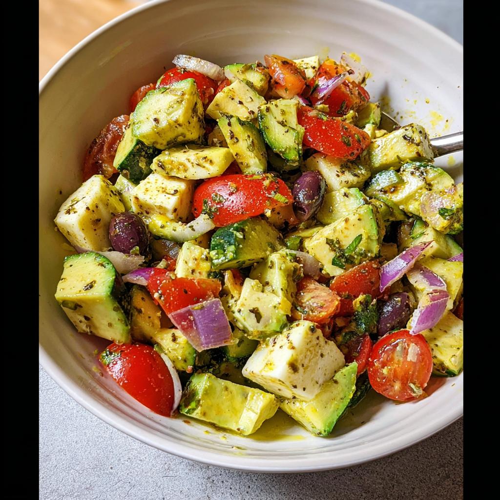 A vibrant bowl of Simple & Zesty Mediterranean Avocado Egg Salad with avocado, tomatoes, olives, and cheese.