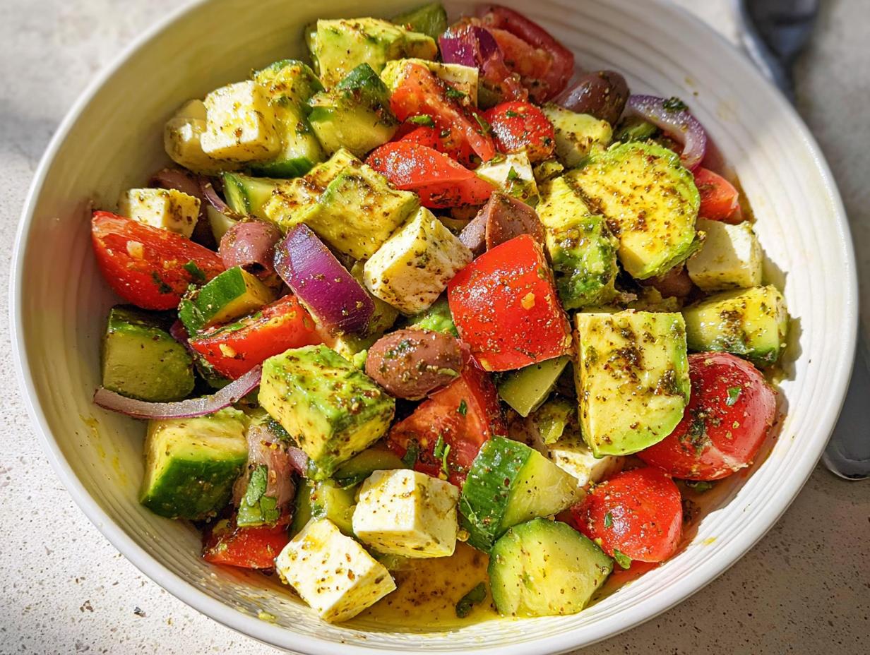 A bowl of Simple & Zesty Mediterranean Avocado Egg Salad with diced avocado, tomatoes, cucumber, red onion, olives, and feta cheese.