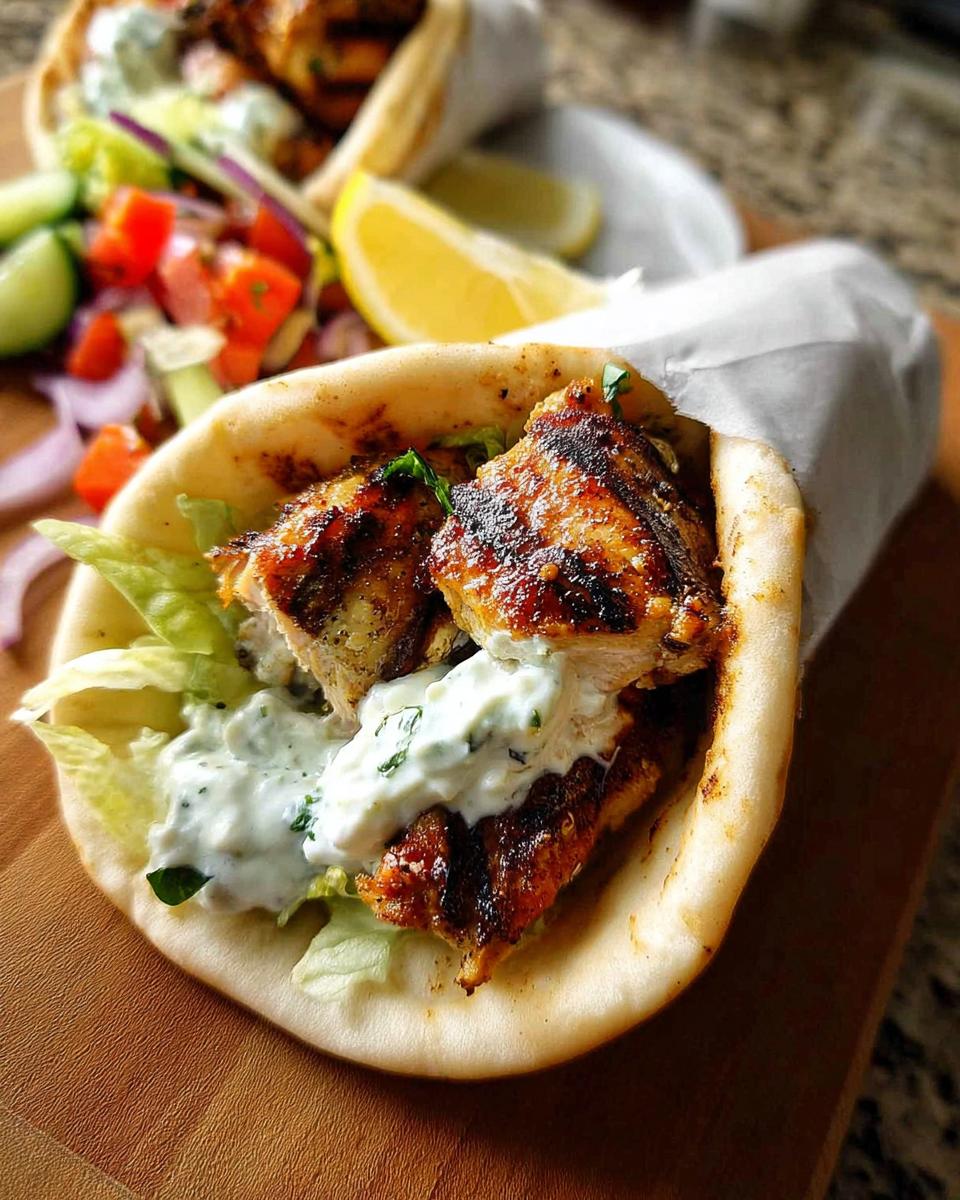 Close-up of a Mediterranean Chicken Gyro filled with grilled chicken, lettuce, and creamy feta tzatziki sauce.