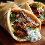 Two delicious Mediterranean Chicken Gyros overflowing with grilled chicken, fresh vegetables, and creamy feta tzatziki sauce.
