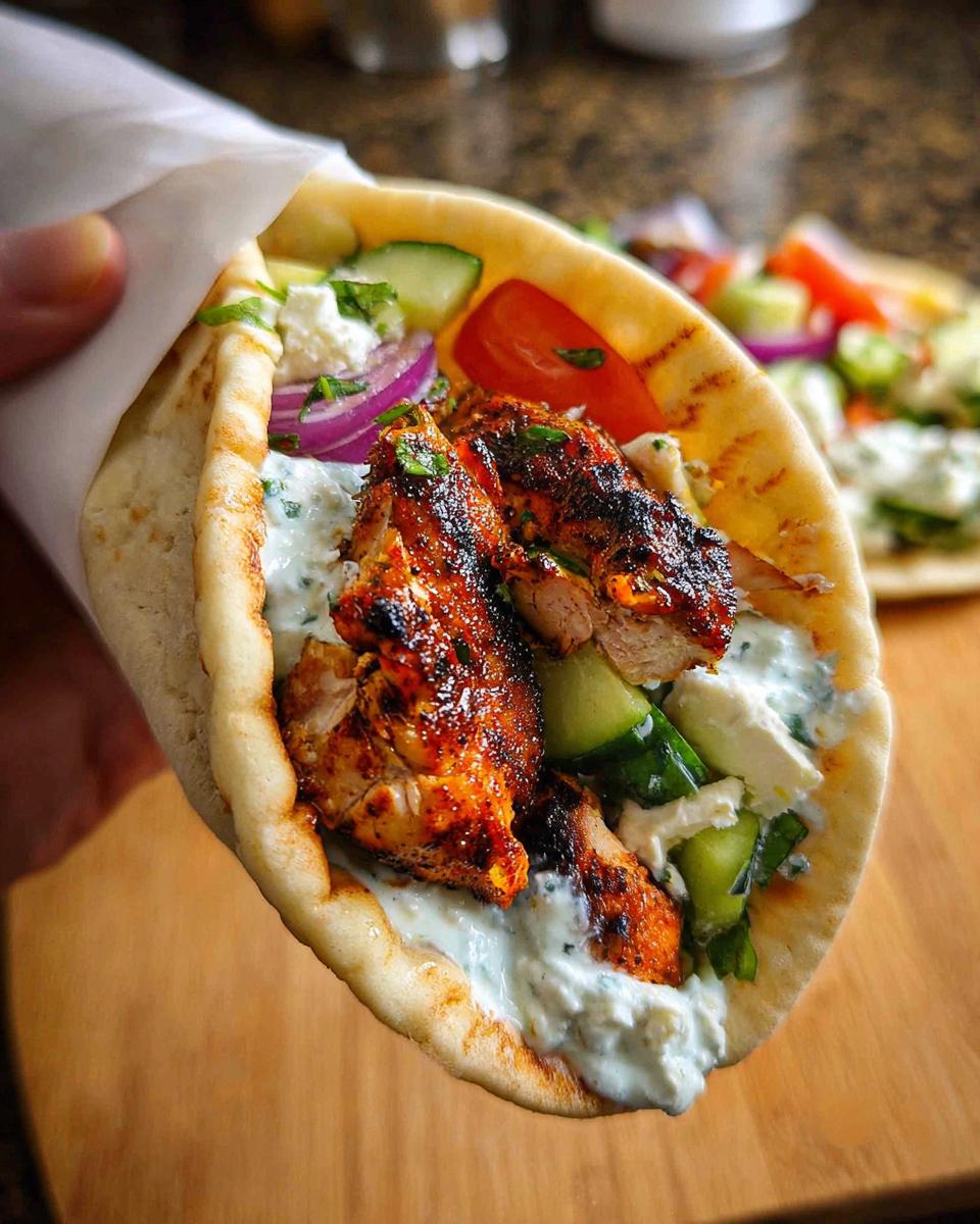 Close-up of a delicious Mediterranean Chicken Gyro, filled with grilled chicken, cucumber, tomato, red onion, feta, and creamy feta tzatziki.