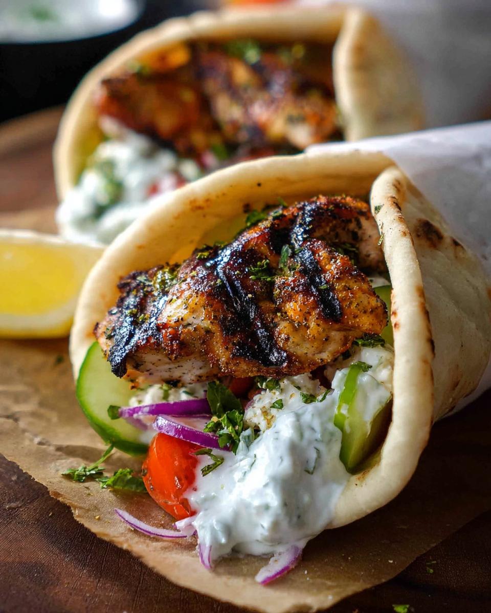Close-up of a delicious Mediterranean Chicken Gyro filled with grilled chicken, fresh vegetables, and creamy feta tzatziki.