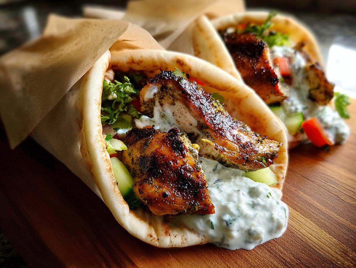 Two delicious Mediterranean Chicken Gyros overflowing with grilled chicken, fresh vegetables, and creamy feta tzatziki sauce.