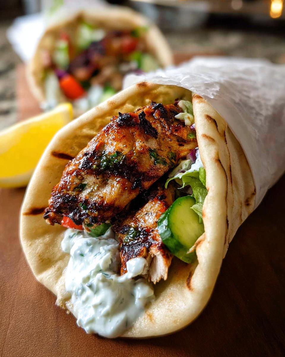 Close-up of a delicious Mediterranean Chicken Gyro, featuring grilled chicken, fresh vegetables, and creamy feta tzatziki sauce.