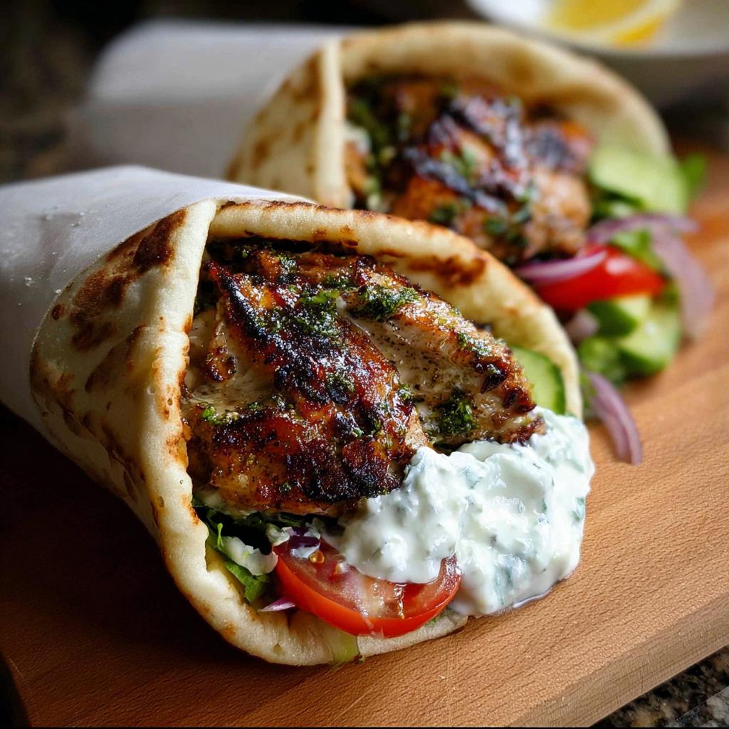 Two delicious Mediterranean Chicken Gyros filled with grilled chicken, fresh vegetables, and creamy feta tzatziki.