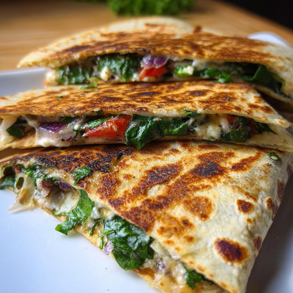 Close-up of stacked Mediterranean Quesadillas with spinach, feta, mozzarella, and red onion filling.