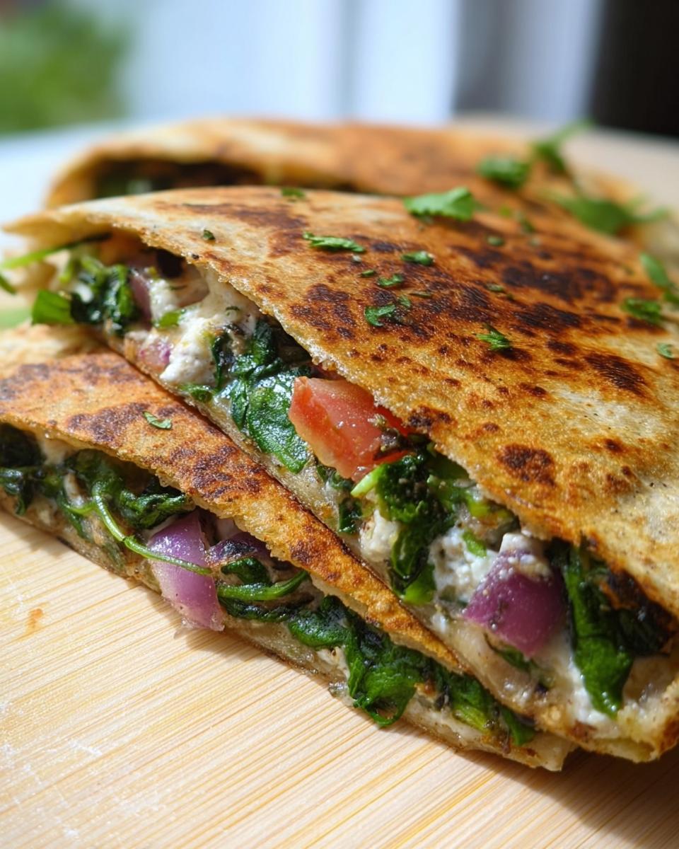 Close-up of Mediterranean Quesadillas filled with spinach, red onion, feta, and mozzarella cheese.
