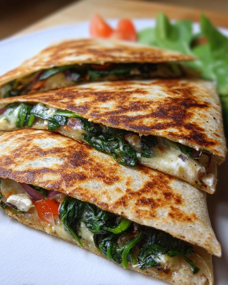 Close-up of golden-brown Mediterranean quesadillas filled with spinach, feta, mozzarella, and red onion.
