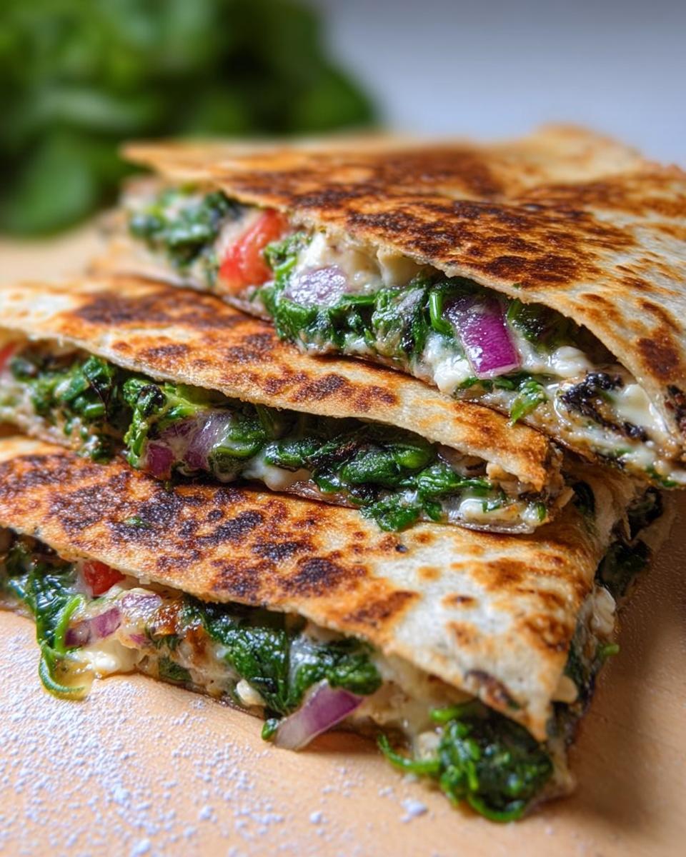 Close-up of stacked Mediterranean Quesadillas with spinach, feta, mozzarella, and red onion.